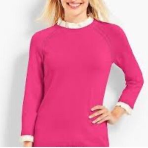 TALBOTS cotton blend sweater 3/4 sleeves ruffle cuffs and neckline pink medium